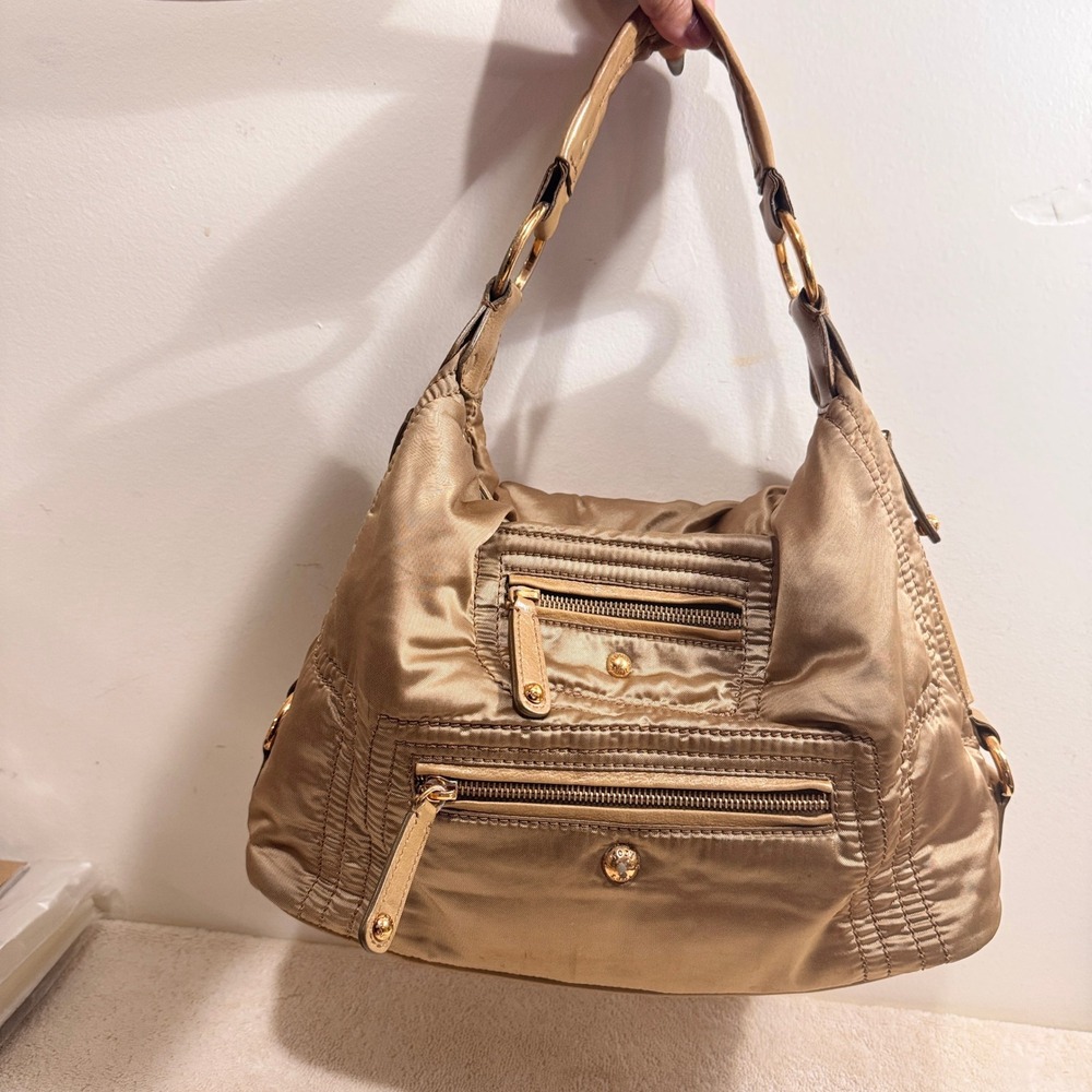Tod's Women's Gold Nylon Genuine Leather Hobo Zip Pockets Shoulder Bag Y2K